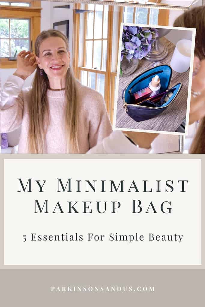 minimalist-makeup-bag-opened-women-in-mirror-5-essentials-simple-beauty