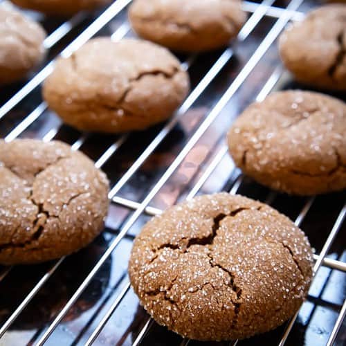 vegan gingersnap cookies on a wire rack