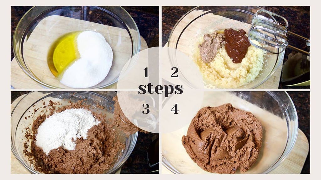 steps-to-make-cookies-collage-sugar-and-oil-chocolate-and-flax-flour-cookie-dough