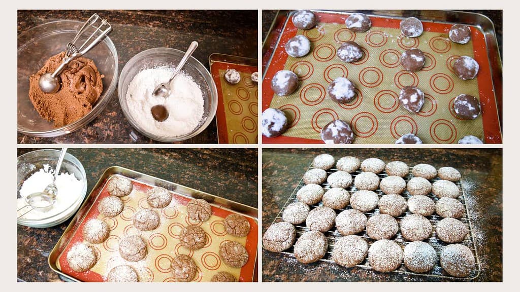 steps-to-make-chocolate-crinkle-cookies-collage-cookie-dough-rolled-in-powdered-sugar-lined-on-baking-sheet-lined-on-cooling-rack