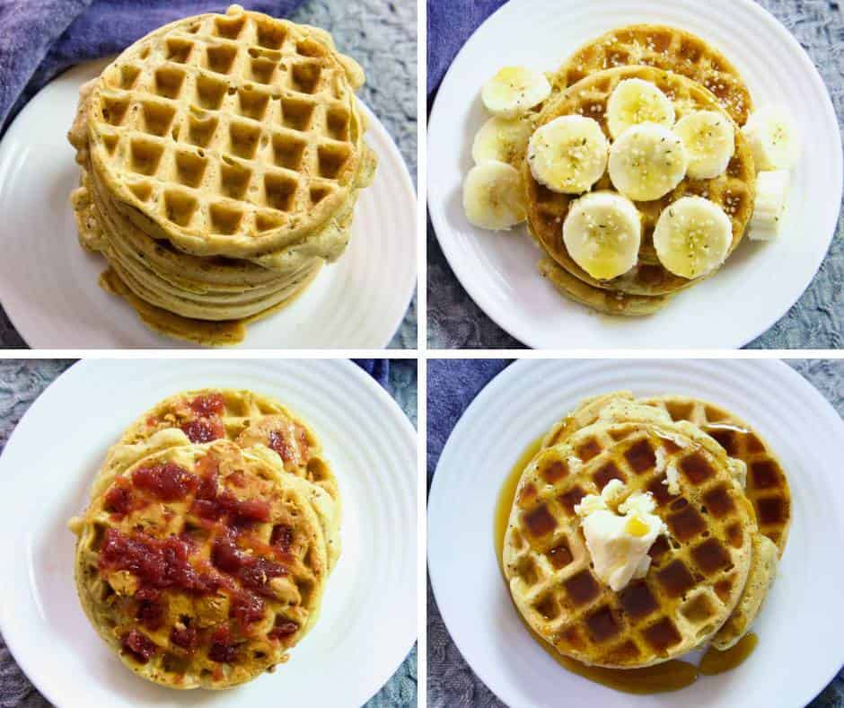 waffle-plates-bananas-honey-peanut-butter-jam-butter-maple-syrup