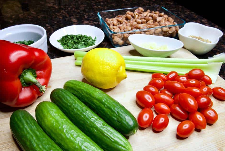 pinto-bean-salad-ingredients-baby-cucumbers-cherry-tomatoes-red-pepper-celery-lemon-parsley-cilantro-beans