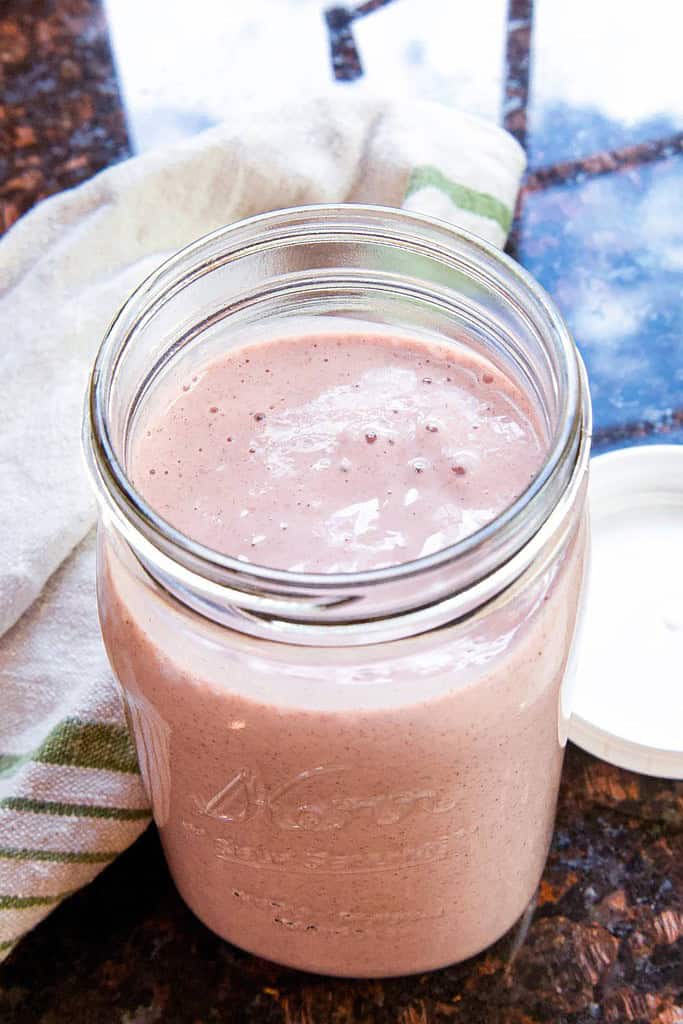 strawberry non-dairy kefir in a mason jar