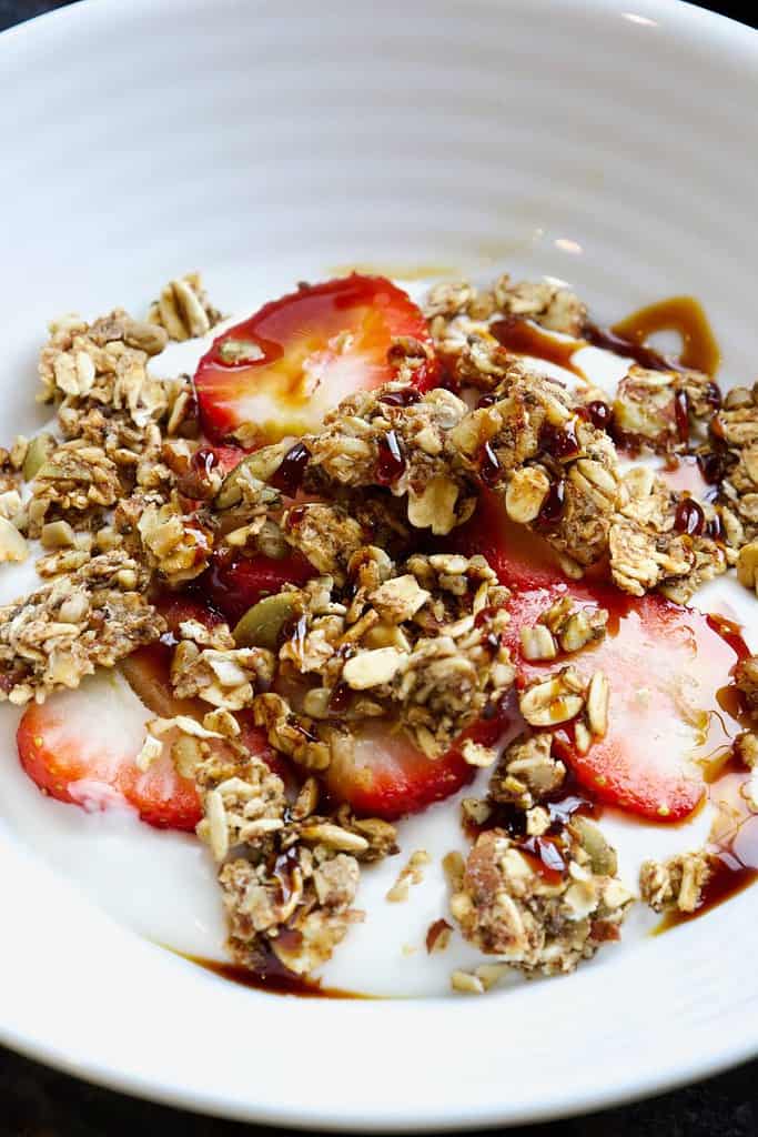 fiber rich muesli with strawberries and soy milk