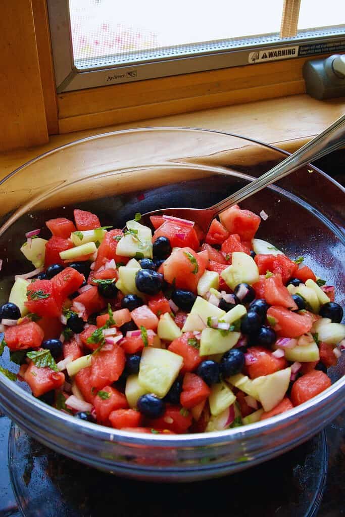 watermelon salad with cucumbers and blueberries