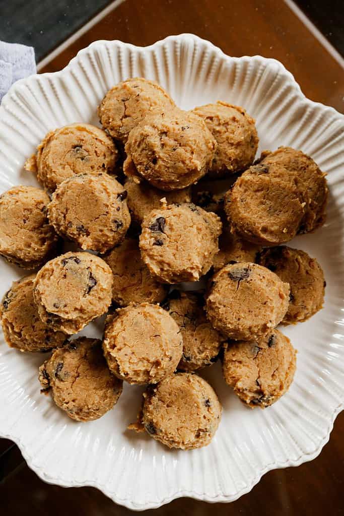 chocolate chip chickpea cookies on a white plate