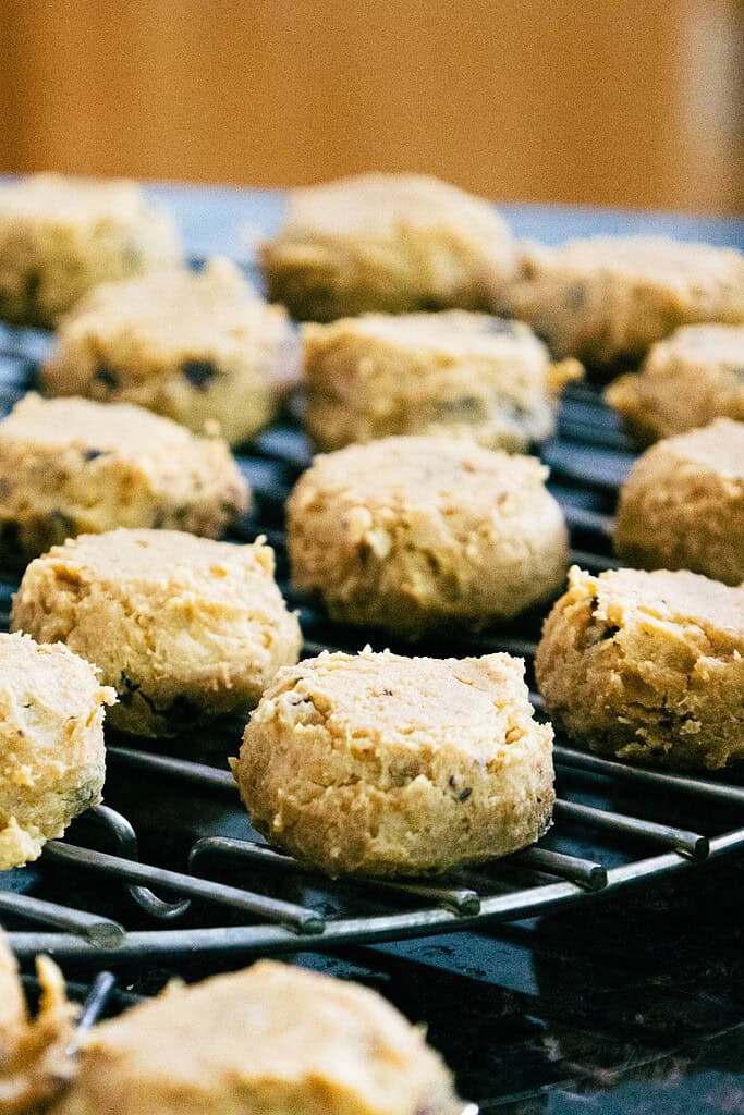 chocolate chip chickpea cookies on a wire rack