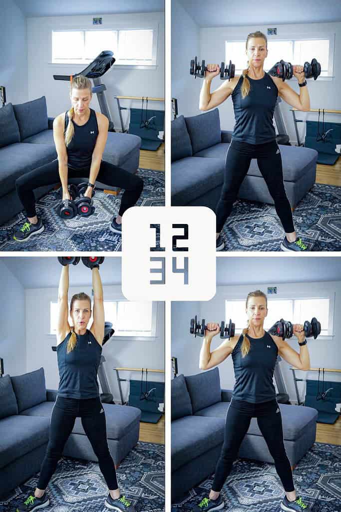 dawn standing in a wide stance holding two weights showing the steps for a sumo squat to an overhead press