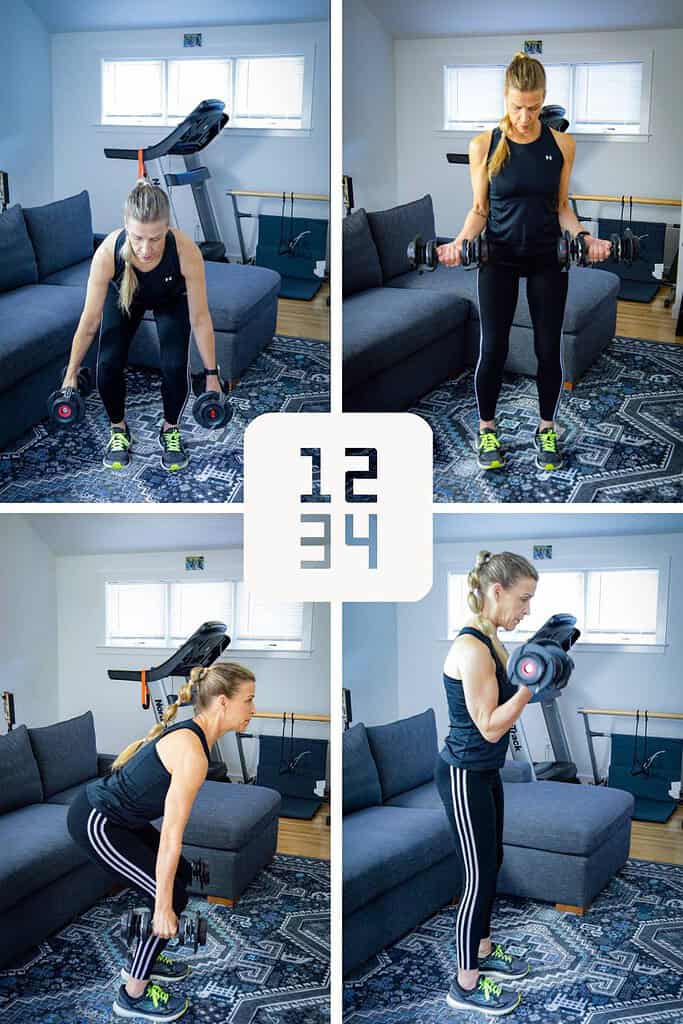 dawn standing holding weights showing the steps for a classic squat to bicep curl