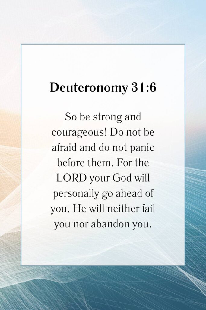 Deuteronomy bible verse on blue, gold, and white background.