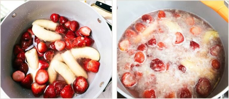 defrosting strawberries and bananas in a pot on the stove