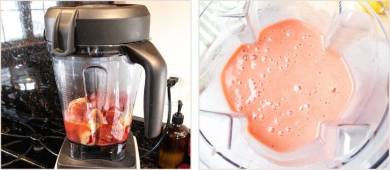 blending strawberries and bananas in a blender until creamy smooth