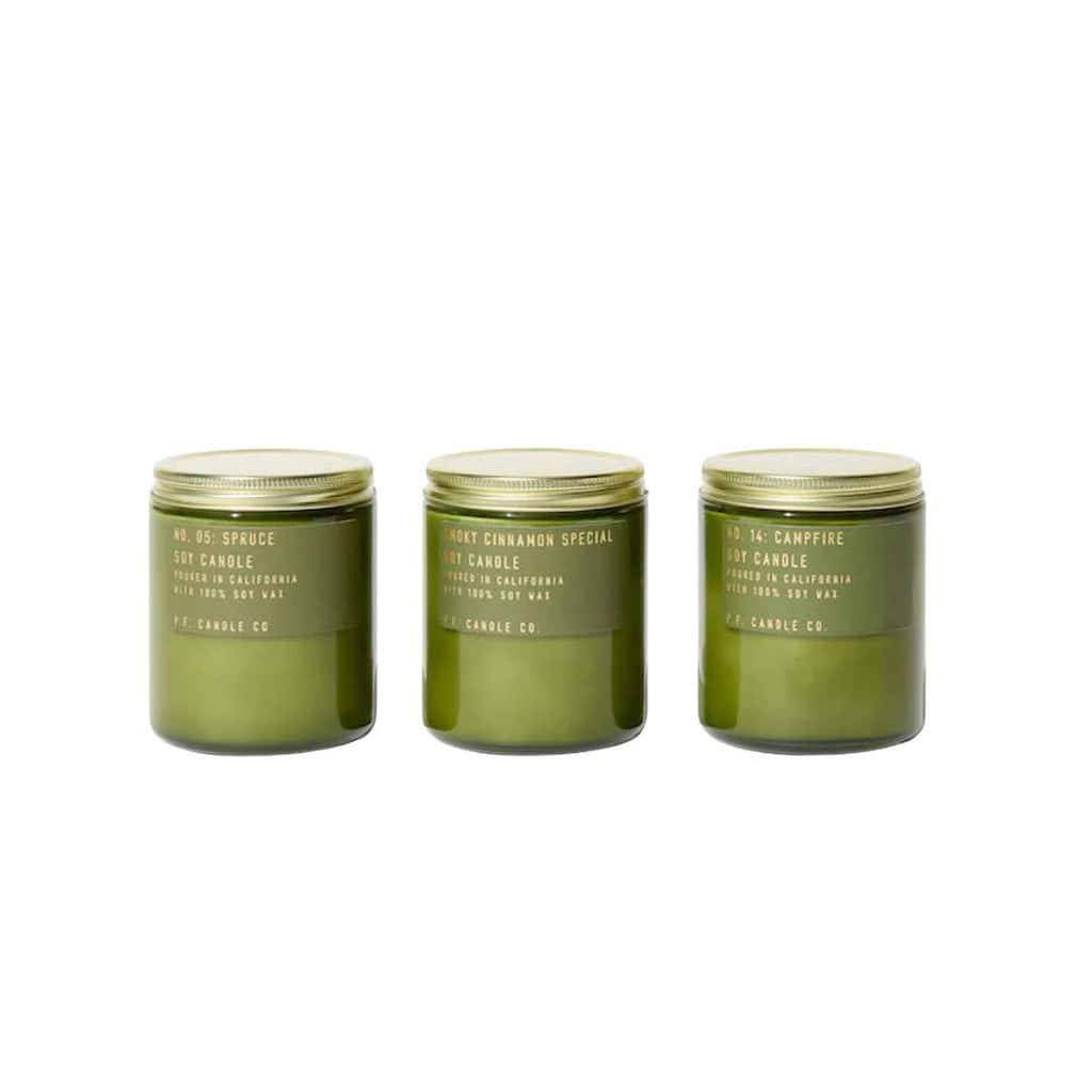 holiday trio candles in green glass jars