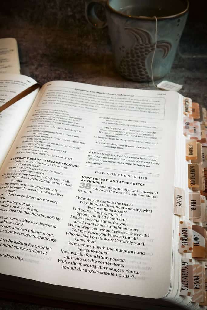 open bible with cup of tea in background