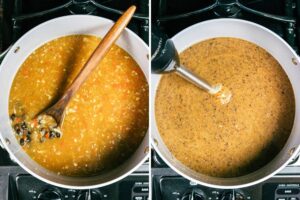 steps to make black bean soup beans veggies and broth with immersion blender