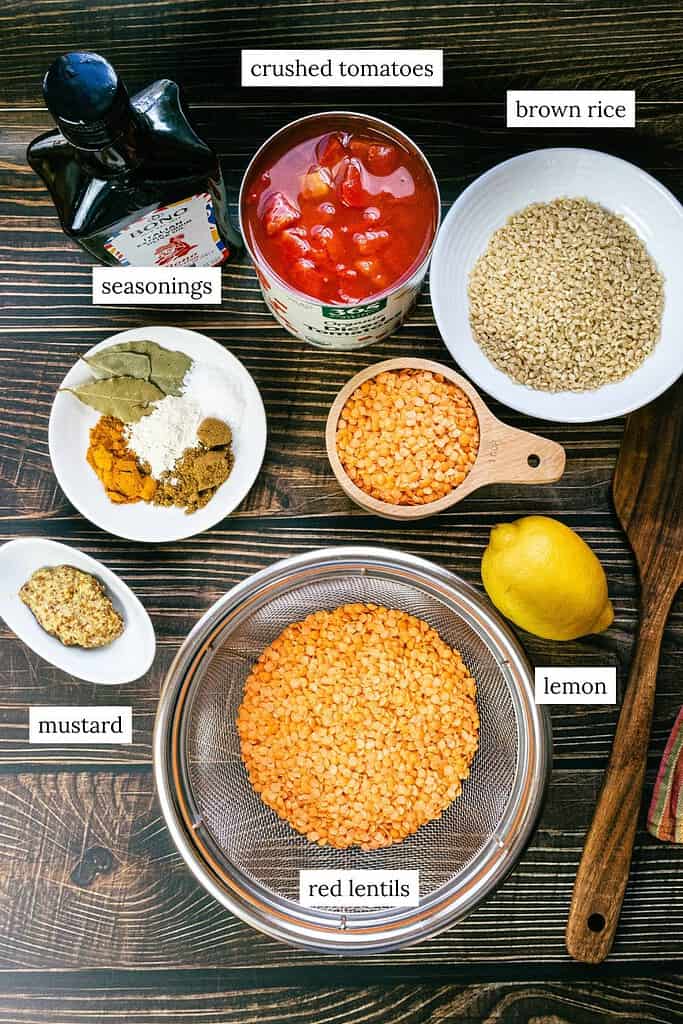 labeled ingredients to make vegan tomato lentil soup