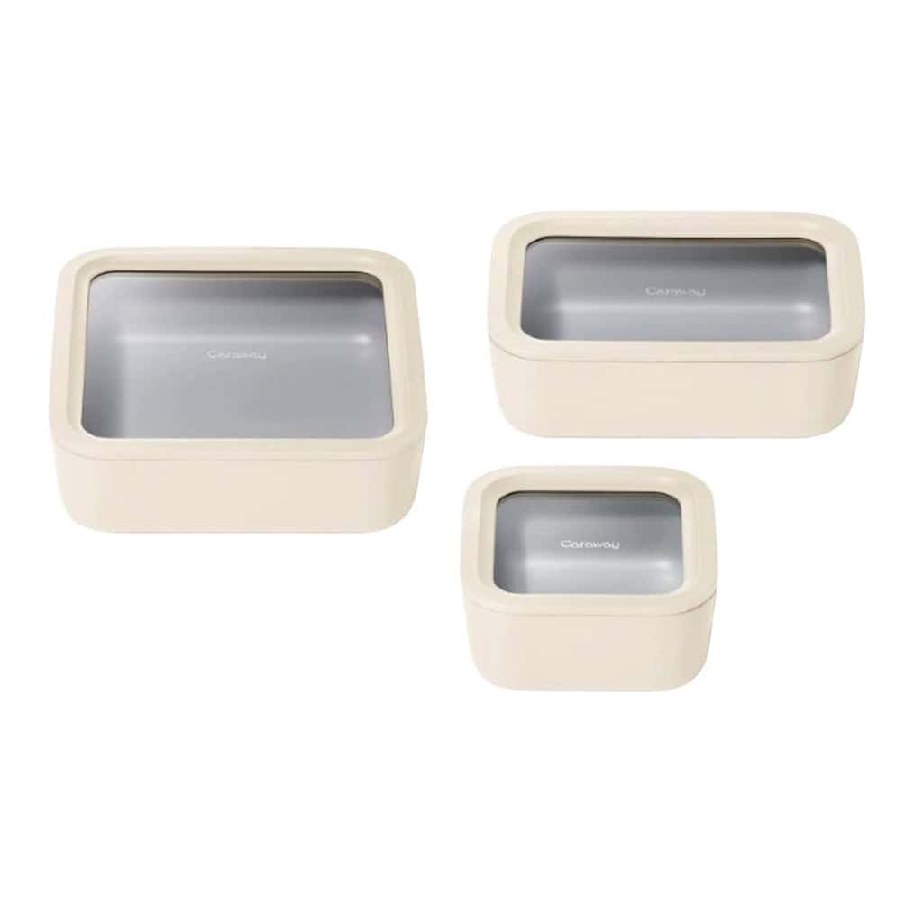 three cream colored food storage containers