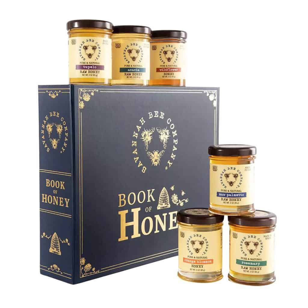 gift set of six jars of honey in a black box