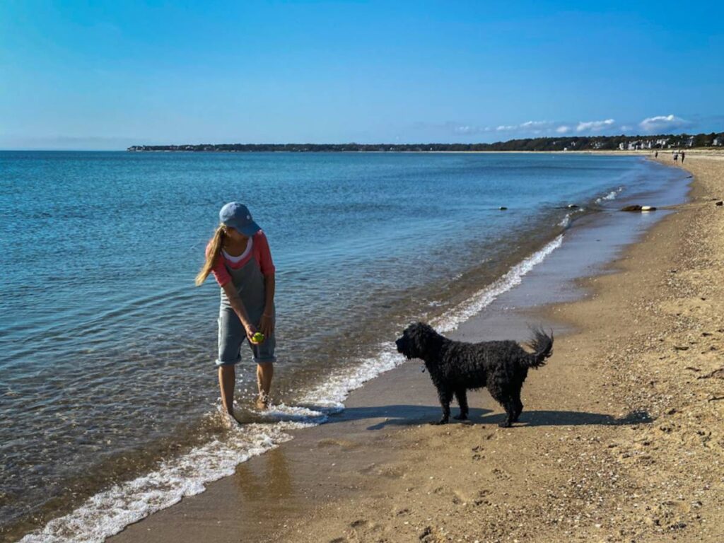 woman on beach with dog feeling lonely