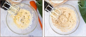 mixing butter and sugar in a glass bowl