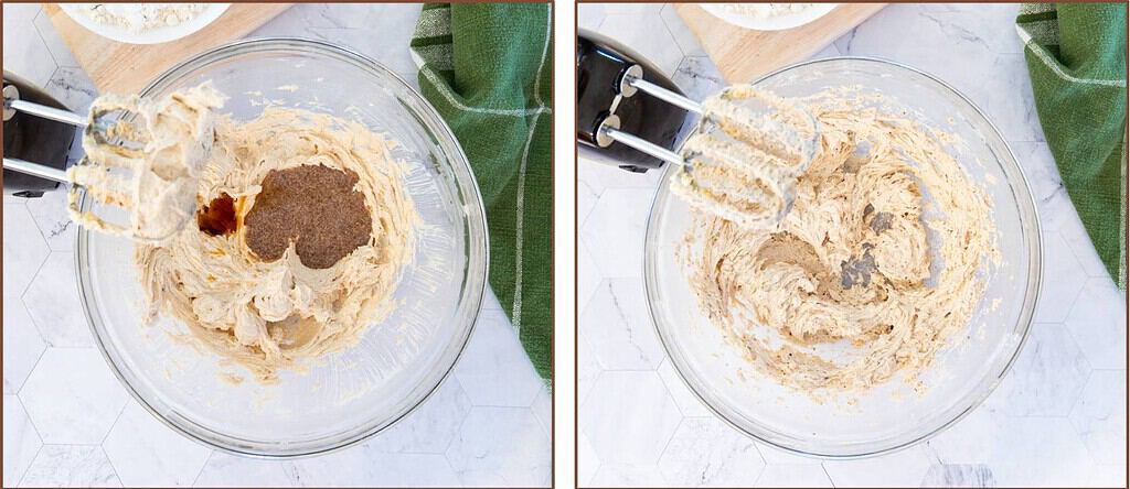 mixing vanilla and flax with butter in a glass bowl