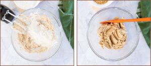 mixing flour and salt with butter in a glass bowl