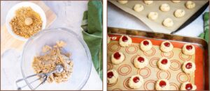 preparing raspberry thumbprint cookies on a baking sheet