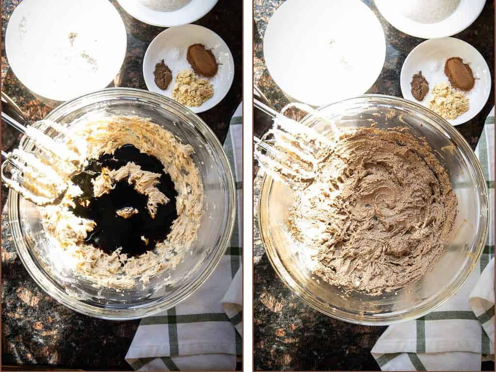 bowl with butter and brown sugar creamed and molasses and maple syrup