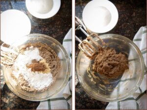 vegan gingersnap cookie dough in a glass bowl with flour and cinnamon