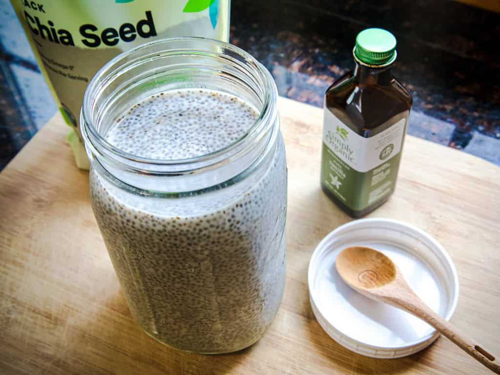 large mason jar filled with chia seed pudding