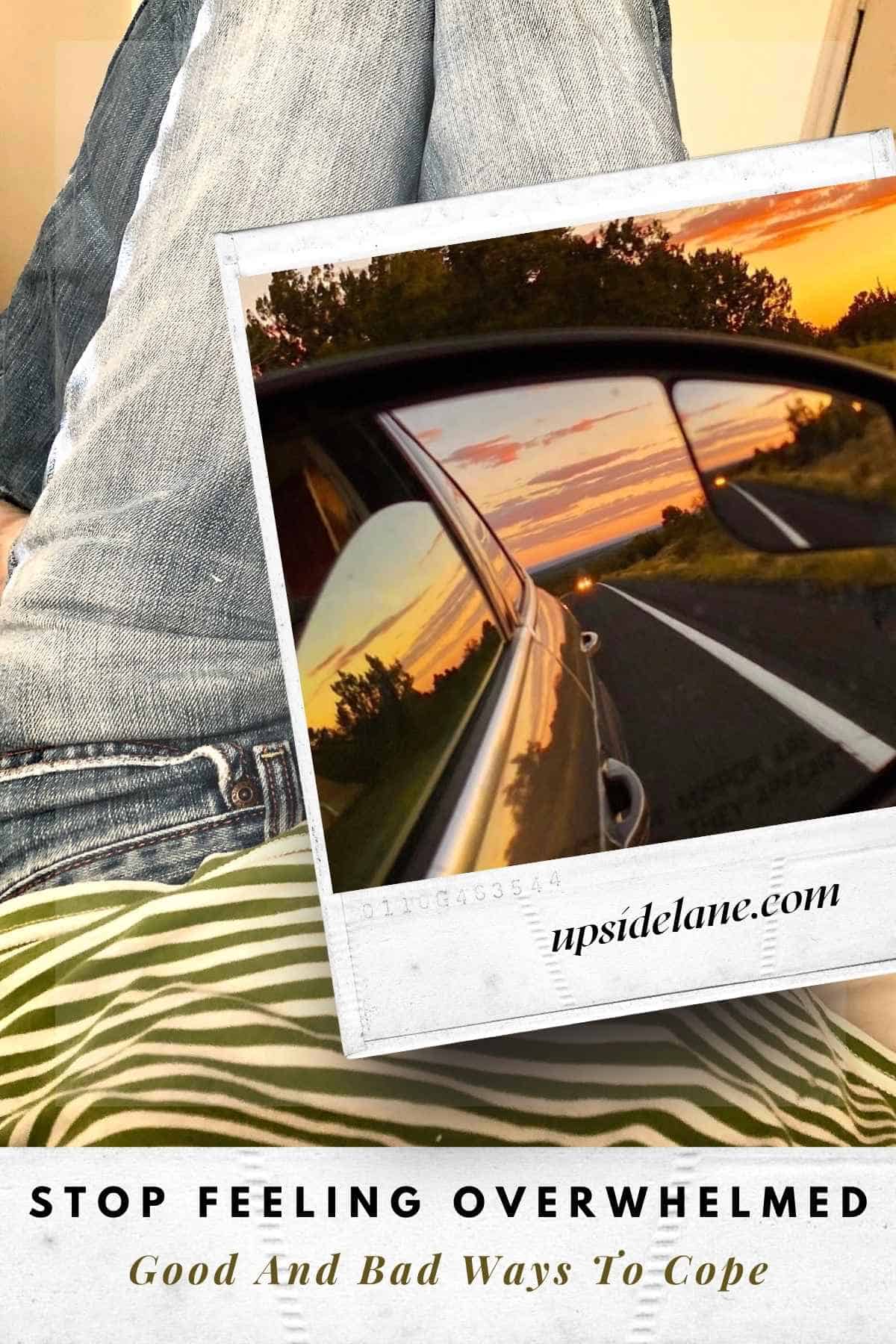 womans legs in blue jeans with knees bent small polaroid picture of a beautiful warm sunset through a passenger car door window