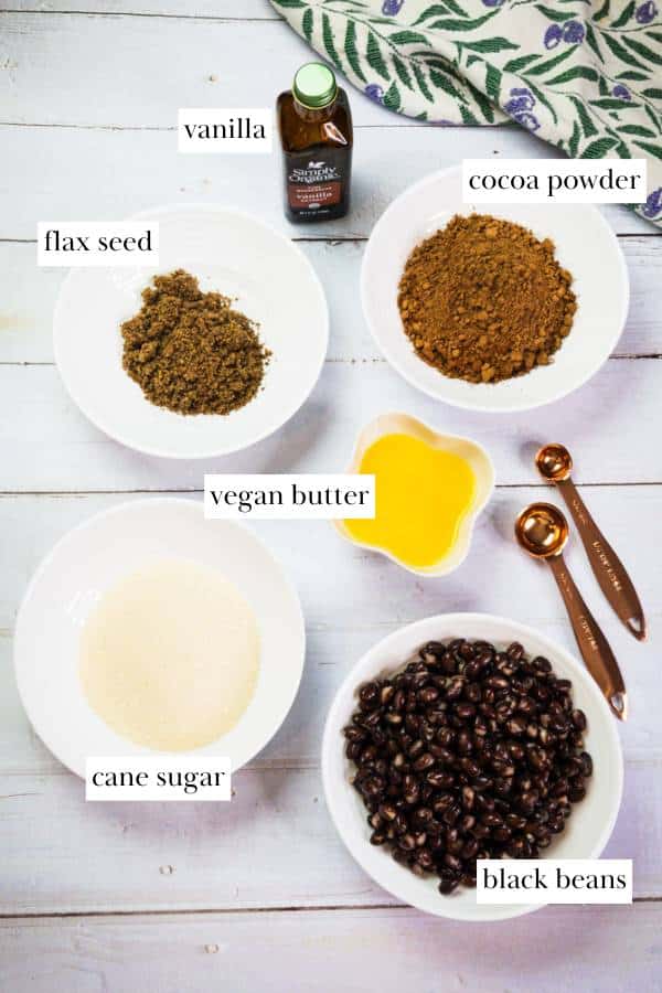 labeled ingredients to make vegan black bean brownies 