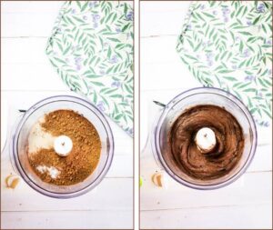 two pictures side by side food processor with sugar and cocoa and a food processor with these ingredients blended smooth