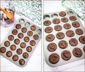 two pictures side by side brownie batter in a mini muffin tin and mini muffins in a pan already baked