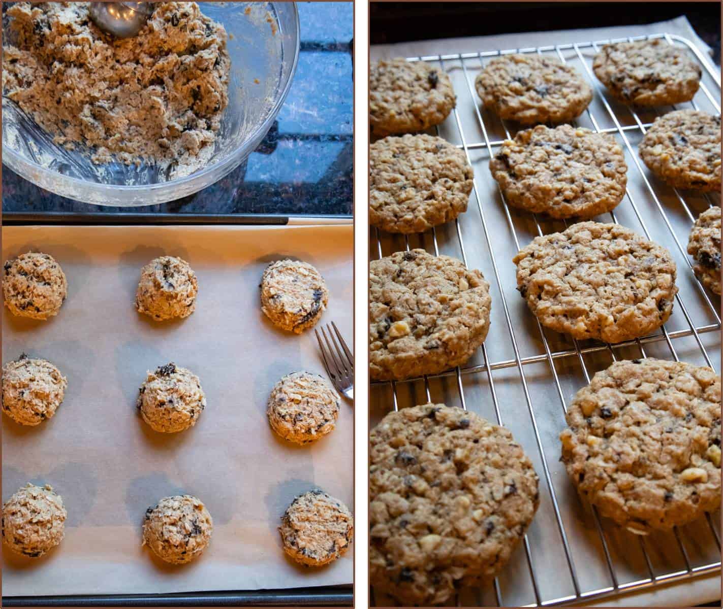 steps-nine-ten-making-cherry-walnut-oatmeal-cookies-scooping-dough-baking-cooling