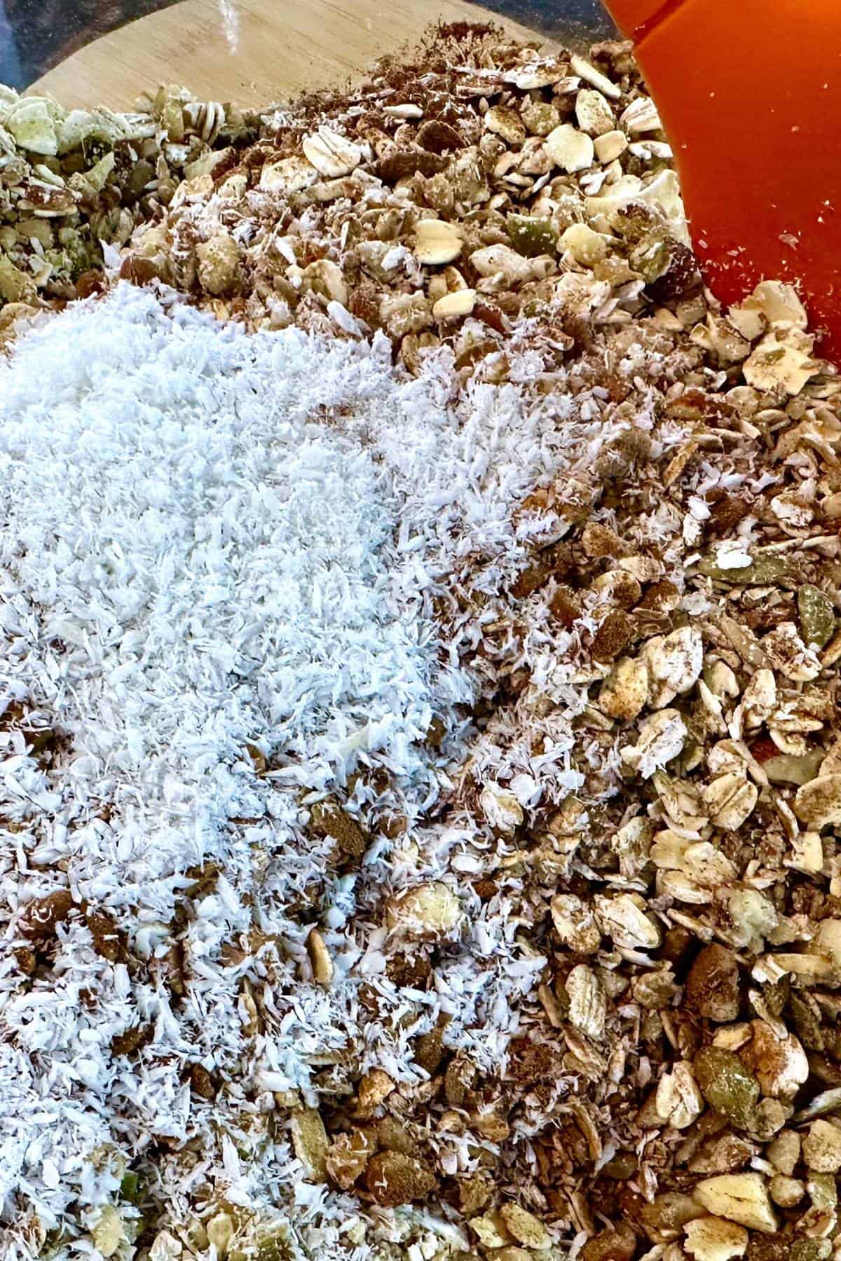 granola ingredients with shredded coconut